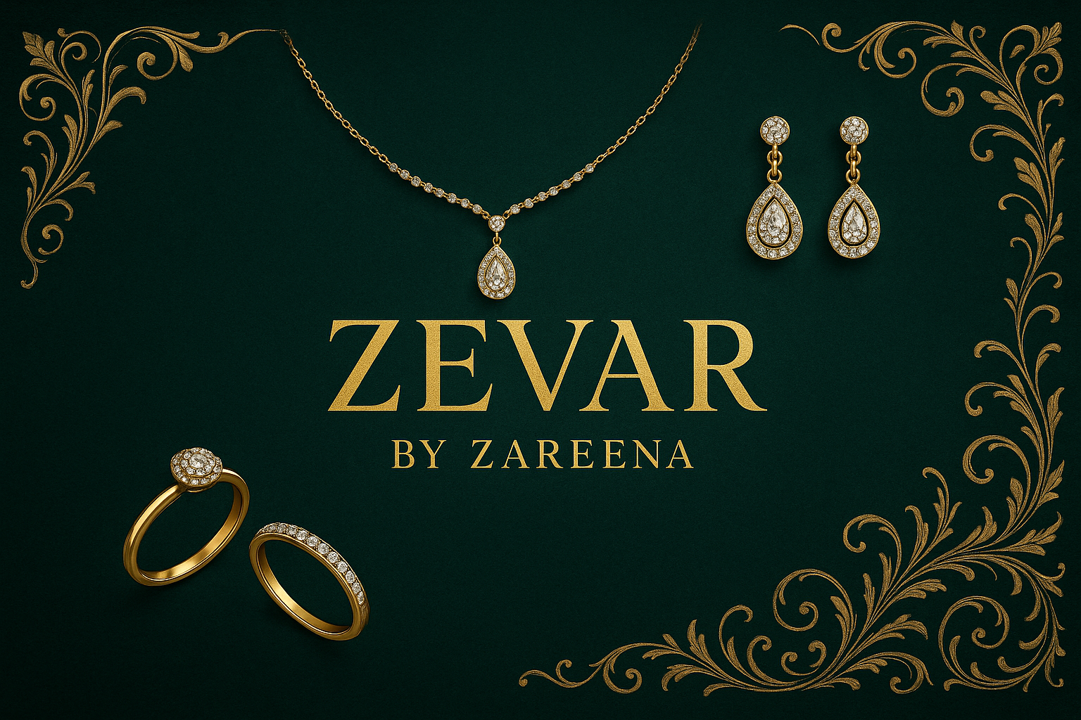 Create images for jewellery home page Create a dark green and golden unique and decent with brand name zevar by zareena